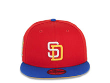 Load image into Gallery viewer, San Diego Padres New Era MLB 59FIFTY 5950 Fitted Cap Hat Red Crown Blue Azure Visor White/Yellow Logo 25th Anniversary Side Patch Yellow UV