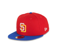 Load image into Gallery viewer, San Diego Padres New Era MLB 59FIFTY 5950 Fitted Cap Hat Red Crown Blue Azure Visor White/Yellow Logo 25th Anniversary Side Patch Yellow UV