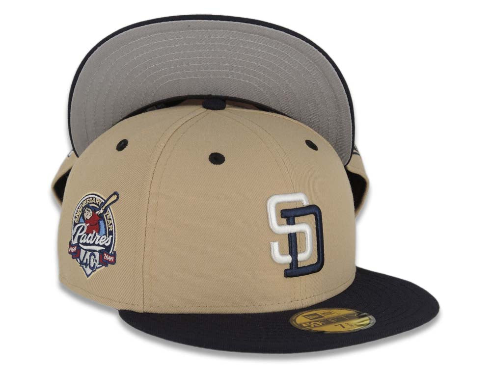 San Diego Padres New Era MLB 59FIFTY 5950 Fitted Cap Hat Khaki Crown Navy Blue Visor White/Navy Blue Logo 40th Anniversary Side Patch Gray UV 7 5/8