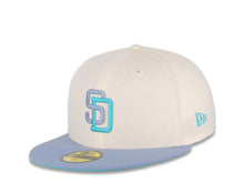 Load image into Gallery viewer, San Diego Padres New Era MLB 59FIFTY 5950 Fitted Cap Hat Cream Crown Light Purple Visor Light Purple/Light Blue Logo 25th Anniversary Side Patch Light Blue UV