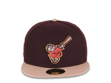 Load image into Gallery viewer, San Diego Padres New Era MLB 59FIFTY 5950 Fitted Cap Hat Maroon Crown Light Peach Visor Metallic Red Swinging Friar Logo 25th Anniversary Side Patch