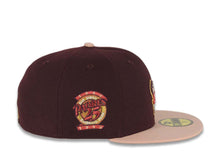 Load image into Gallery viewer, San Diego Padres New Era MLB 59FIFTY 5950 Fitted Cap Hat Maroon Crown Light Peach Visor Metallic Red Swinging Friar Logo 25th Anniversary Side Patch
