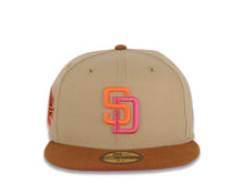 Load image into Gallery viewer, San Diego Padres New Era MLB 59FIFTY 5950 Fitted Cap Hat Khaki Crown Brown Visor Magenta/Orange Logo Stadium Side Patch Magenta UV