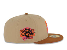 Load image into Gallery viewer, San Diego Padres New Era MLB 59FIFTY 5950 Fitted Cap Hat Khaki Crown Brown Visor Magenta/Orange Logo Stadium Side Patch Magenta UV