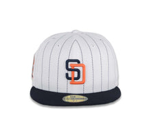 Load image into Gallery viewer, San Diego Padres New Era MLB 59FIFTY 5950 Fitted Cap Hat White Navy Pinstripe Crown Navy Visor Navy/Orange Logo 25th Anniversary Side Patch Green UV