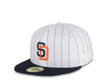 Load image into Gallery viewer, San Diego Padres New Era MLB 59FIFTY 5950 Fitted Cap Hat White Navy Pinstripe Crown Navy Visor Navy/Orange Logo 25th Anniversary Side Patch Green UV