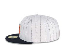Load image into Gallery viewer, San Diego Padres New Era MLB 59FIFTY 5950 Fitted Cap Hat White Navy Pinstripe Crown Navy Visor Navy/Orange Logo 25th Anniversary Side Patch Green UV