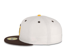 Load image into Gallery viewer, San Diego Padres New Era MLB 59FIFTY 5950 Fitted Cap Hat White Crown Dark Brown Visor Dark Brown/Yellow Logo 1998 World Series Side Patch Yellow UV