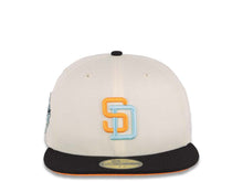 Load image into Gallery viewer, San Diego Padres New Era MLB 59FIFTY 5950 Fitted Cap Hat Cream Crown Black Visor COLOR3 Light Orange/Turquoise 1998 World Series Side Patch