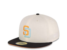 Load image into Gallery viewer, San Diego Padres New Era MLB 59FIFTY 5950 Fitted Cap Hat Cream Crown Black Visor COLOR3 Light Orange/Turquoise 1998 World Series Side Patch