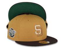 Load image into Gallery viewer, San Diego Padres New Era MLB 59FIFTY 5950 Fitted Cap Hat Tan Crown Dark Brown Visor Light Khaki/Light Brown Logo 1998 World Series Side Patch Green UV
