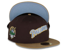 Load image into Gallery viewer, San Diego Padres New Era MLB 59FIFTY 5950 Fitted Cap Hat Brown Crown Khaki Visor Sky/Metallic Gold Script Logo 40th Anniversary Side Patch