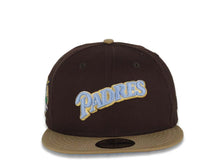 Load image into Gallery viewer, San Diego Padres New Era MLB 59FIFTY 5950 Fitted Cap Hat Brown Crown Khaki Visor Sky/Metallic Gold Script Logo 40th Anniversary Side Patch