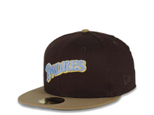 Load image into Gallery viewer, San Diego Padres New Era MLB 59FIFTY 5950 Fitted Cap Hat Brown Crown Khaki Visor Sky/Metallic Gold Script Logo 40th Anniversary Side Patch