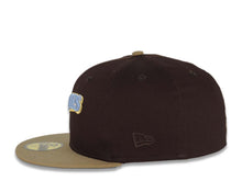 Load image into Gallery viewer, San Diego Padres New Era MLB 59FIFTY 5950 Fitted Cap Hat Brown Crown Khaki Visor Sky/Metallic Gold Script Logo 40th Anniversary Side Patch