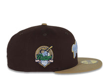 Load image into Gallery viewer, San Diego Padres New Era MLB 59FIFTY 5950 Fitted Cap Hat Brown Crown Khaki Visor Sky/Metallic Gold Script Logo 40th Anniversary Side Patch