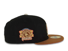 Load image into Gallery viewer, (Exclusive) San Diego Padres New Era MLB 59FIFTY 5950 Fitted Cap Hat Cotton Black Crown Tan Visor Metallic Red Catching Friar Logo Stadium Side Patch