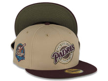 Load image into Gallery viewer, San Diego Padres New Era MLB 59FIFTY 5950 Fitted Cap Hat Khaki Crown Maroon Visor Maroon/Olive Logo 40th Anniversary Side Patch Olive UV