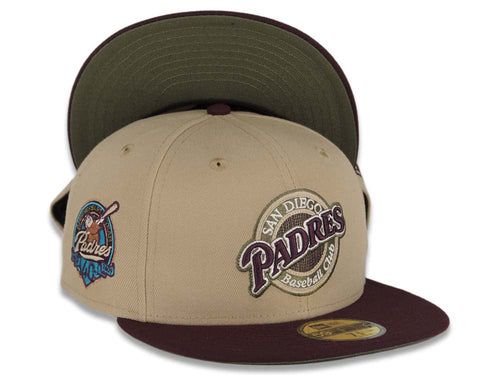 San Diego Padres New Era MLB 59FIFTY 5950 Fitted Cap Hat Khaki Crown Maroon Visor Maroon/Olive Logo 40th Anniversary Side Patch Olive UV