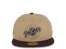 Load image into Gallery viewer, San Diego Padres New Era MLB 59FIFTY 5950 Fitted Cap Hat Khaki Crown Maroon Visor Maroon/Olive Logo 40th Anniversary Side Patch Olive UV