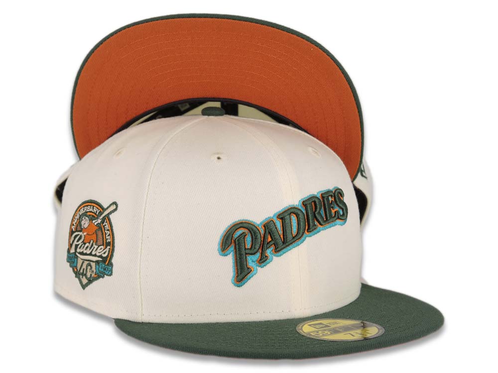 San Diego Padres New Era MLB 59FIFTY 5950 Fitted Cap Hat Cream Crown Green  Visor Green/Dark Orange/Teal Script Logo 40th Anniversary Side Patch