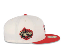 Load image into Gallery viewer, San Diego Padres New Era MLB 59FIFTY 5950 Fitted Cap Hat Cream Crown Red Visor Black/Metallic Gold Swinging Friar Logo Established 1969 Side Patch