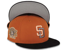 Load image into Gallery viewer, (Corduroy Visor) San Diego Padres New Era MLB 59FIFTY 5950 Fitted Cap Hat Rust Orange Crown Black Visor Peach/Metallic Gray Logo Stadium Side Patch