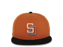 Load image into Gallery viewer, (Corduroy Visor) San Diego Padres New Era MLB 59FIFTY 5950 Fitted Cap Hat Rust Orange Crown Black Visor Peach/Metallic Gray Logo Stadium Side Patch