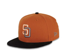 Load image into Gallery viewer, (Corduroy Visor) San Diego Padres New Era MLB 59FIFTY 5950 Fitted Cap Hat Rust Orange Crown Black Visor Peach/Metallic Gray Logo Stadium Side Patch