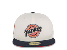 Load image into Gallery viewer, San Diego Padres New Era MLB 59FIFTY 5950 Fitted Cap Hat Cream Crown Navy Blue Visor Navy/Metallic Gold Baseball Club Logo 25th Anniversary Side Patch