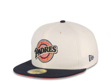 Load image into Gallery viewer, San Diego Padres New Era MLB 59FIFTY 5950 Fitted Cap Hat Cream Crown Navy Blue Visor Navy/Metallic Gold Baseball Club Logo 25th Anniversary Side Patch