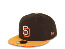 Load image into Gallery viewer, San Diego Padres New Era MLB 59FIFTY 5950 Fitted Cap Hat Brown Crown Yellow Visor White/Orange Logo 1998 World Series Side Patch Orange UV