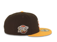 Load image into Gallery viewer, San Diego Padres New Era MLB 59FIFTY 5950 Fitted Cap Hat Brown Crown Yellow Visor White/Orange Logo 1998 World Series Side Patch Orange UV