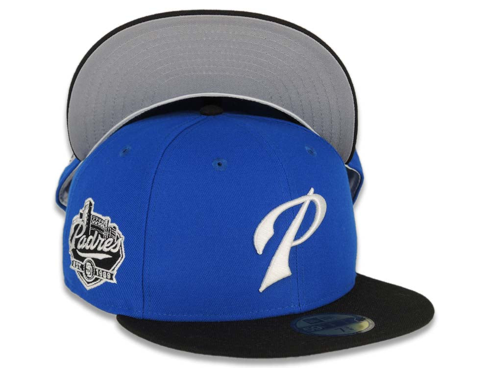 San Diego Padres New Era MLB 59FIFTY 5950 Fitted Cap Hat Royal Blue Crown Black Visor White P Logo Established 1969 Side Patch 7 3/8