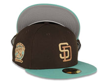 Load image into Gallery viewer, San Diego Padres New Era MLB 59FIFTY 5950 Fitted Cap Hat Brown Crown Light Teal Visor Cream/Light Brown Logo 25th Anniversary Side Patch Gray UV