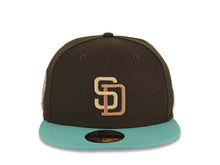 Load image into Gallery viewer, San Diego Padres New Era MLB 59FIFTY 5950 Fitted Cap Hat Brown Crown Light Teal Visor Cream/Light Brown Logo 25th Anniversary Side Patch Gray UV