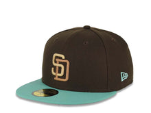 Load image into Gallery viewer, San Diego Padres New Era MLB 59FIFTY 5950 Fitted Cap Hat Brown Crown Light Teal Visor Cream/Light Brown Logo 25th Anniversary Side Patch Gray UV