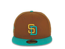 Load image into Gallery viewer, San Diego Padres New Era MLB 59FIFTY 5950 Fitted Cap Hat Brown Crown Teal Visor Gold/Teal Logo 1998 World Series Side Patch Gray UV