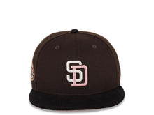 Load image into Gallery viewer, (Corduroy Visor) San Diego Padres New Era MLB 59FIFTY 5950 Fitted Cap Hat Dark Brown Crown Black Visor White/Pink Logo 50th Anniversary Side Patch