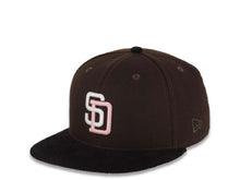 Load image into Gallery viewer, (Corduroy Visor) San Diego Padres New Era MLB 59FIFTY 5950 Fitted Cap Hat Dark Brown Crown Black Visor White/Pink Logo 50th Anniversary Side Patch
