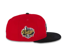 Load image into Gallery viewer, (Corduroy Visor) San Diego Padres New Era MLB 59FIFTY 5950 Fitted Cap Hat Red Crown Black Visor Black Swinging Friar Logo Established 1969 Side Patch