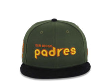 Load image into Gallery viewer, (Corduroy Visor) San Diego Padres New Era MLB 59FIFTY 5950 Fitted Cap Hat Olive Green Crown Black Visor Yellow/Orange Script Logo 25th Anniversary Side Patch