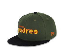 Load image into Gallery viewer, (Corduroy Visor) San Diego Padres New Era MLB 59FIFTY 5950 Fitted Cap Hat Olive Green Crown Black Visor Yellow/Orange Script Logo 25th Anniversary Side Patch