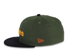 Load image into Gallery viewer, (Corduroy Visor) San Diego Padres New Era MLB 59FIFTY 5950 Fitted Cap Hat Olive Green Crown Black Visor Yellow/Orange Script Logo 25th Anniversary Side Patch