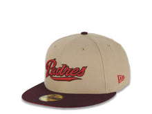 Load image into Gallery viewer, San Diego Padres New Era MLB 59FIFTY 5950 Fitted Cap Hat Khaki Crown Maroon Visor Red/Khaki/Brown Logo Established 1969 Side Patch Red UV