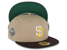 Load image into Gallery viewer, San Diego Padres New Era MLB 59FIFTY 5950 Fitted Cap Hat Khaki Crown Brown Visor White/Yellow Logo 1998 World Series Side Patch Green UV