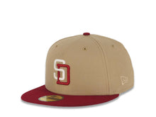 Load image into Gallery viewer, San Diego Padres New Era MLB 59FIFTY 5950 Fitted Cap Hat Khaki Crown Cardinal Visor Cream/Cardinal Logo 1998 World Series Side Patch Pink UV
