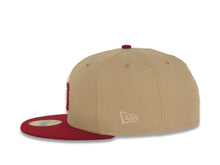 Load image into Gallery viewer, San Diego Padres New Era MLB 59FIFTY 5950 Fitted Cap Hat Khaki Crown Cardinal Visor Cream/Cardinal Logo 1998 World Series Side Patch Pink UV
