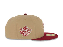 Load image into Gallery viewer, San Diego Padres New Era MLB 59FIFTY 5950 Fitted Cap Hat Khaki Crown Cardinal Visor Cream/Cardinal Logo 1998 World Series Side Patch Pink UV