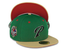 Load image into Gallery viewer, San Diego Padres New Era MLB 59FIFTY 5950 Fitted Cap Hat Kelly Green Crown Vegas Gold Visor Black/White Logo 40th Anniversary Side Patch Red UV